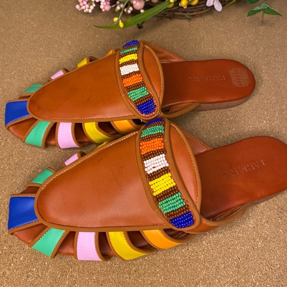 Farm Rio Sandals Mule Rust Rainbow Beaded Size 7.5 - Picture 10 of 12